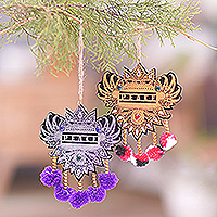 Beaded ornaments, 'Peaceful Balinese Glory' (set of 2) - Set of 2 Golden and Purple Peace Beaded Ornaments