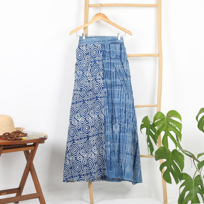 Cotton skirt, 'Cerulean Wealth' - Cerulean and Ivory Hand-Stamped Batik Cotton Skirt from Java