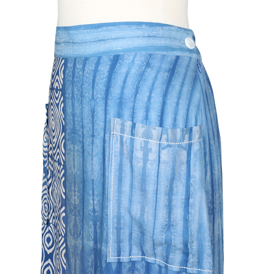 Falda de algodón - Falda de algodón batik estampada a mano en marfil y cerúleo de Java