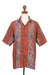 Herrenhemd aus Batik-Rayon - Handgefertigtes Batik-Blätter-Rayon-Hemd für Herren in Rot und Blau