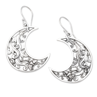 Sterling silver dangle earrings, 'Carved Moon' - Sterling Silver Crescent Moon Dangle Earrings Made in Bali