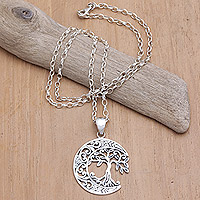 Sterling silver pendant necklace, 'Nocturnal Forest' - Sterling Silver Necklace with Crescent Moon & Tree Pendant