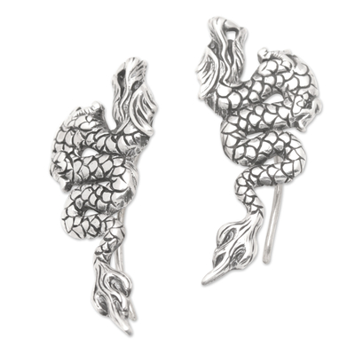 Sterling silver drop earrings, 'Majestic Dragon' - Sterling Silver Dragon Drop Earrings Crafted in Bali