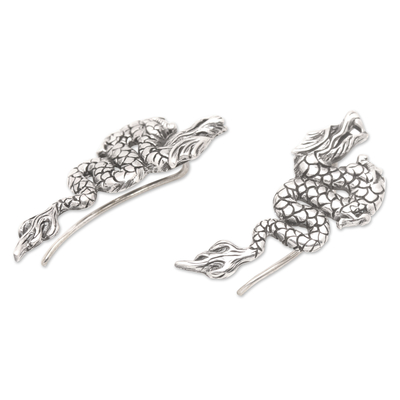 Sterling silver drop earrings, 'Majestic Dragon' - Sterling Silver Dragon Drop Earrings Crafted in Bali