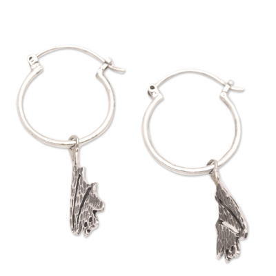 Sterling silver hoop dangle earrings, 'Nocturnal Presence' - Sterling Silver Whimsical Bat Hoop Dangle Earrings