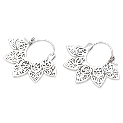 Sterling silver hoop earrings, 'Balinese Flower' - Balinese Sterling Silver Hoop Earrings with Floral Motif