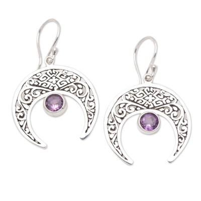 Amethyst dangle earrings, 'Purple Twilight' - Sterling Silver Moon Dangle Earrings with Amethyst Gems