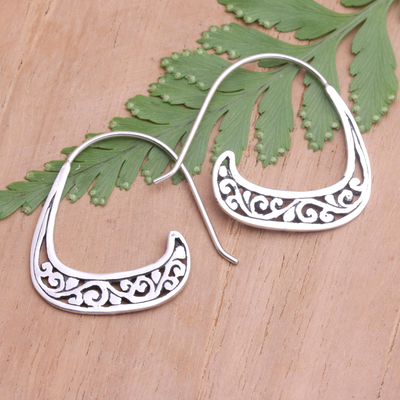 Sterling silver half-hoop earrings, 'Rowboat' - Sterling Silver Half-Hoop Earrings with Rowboat Motif