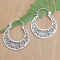 Sterling silver hoop earrings, 'Carved Sickle' - Openwork Sterling Silver Hoop Earrings Crafted in Bali