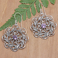 Amethyst filigree dangle earrings, 'Noble Sunset' - Floral and Sun-Inspired Amethyst Filigree Dangle Earrings