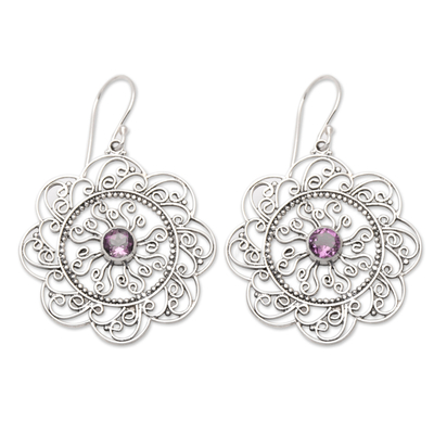 Amethyst filigree dangle earrings, 'Noble Sunset' - Floral and Sun-Inspired Amethyst Filigree Dangle Earrings
