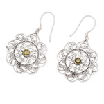 Peridot filigree dangle earrings, 'Prosperous Sunset' - Floral and Sun-Inspired Peridot Filigree Dangle Earrings