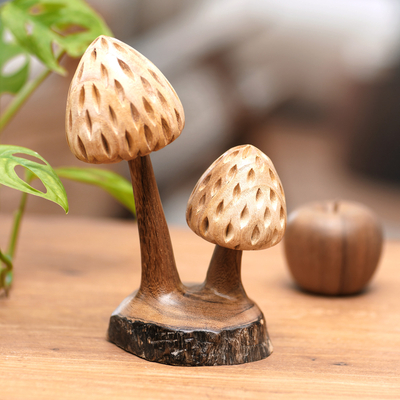 Wood sculpture, 'Botanical Mushroom' - Handmade Jempinis Wood Mushroom Sculpture with Benalu Base