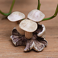 Wood sculpture, 'Little Mushrooms' - Jempinis Wood Mushroom Sculpture with Benalu Base from Bali