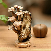 Wood sculpture, 'Mushroom Path' - Handmade Jempinis Wood Sculpture with Benalu Wood Accents