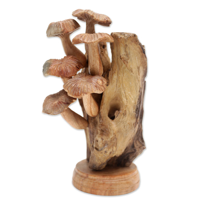 Wood sculpture, 'Mushroom Path' - Handmade Jempinis Wood Sculpture with Benalu Wood Accents