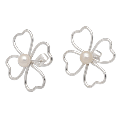 Cultured pearl button earrings, 'Precious Silhouettes' - Floral Sterling Silver Button Earrings with Cultured Pearls