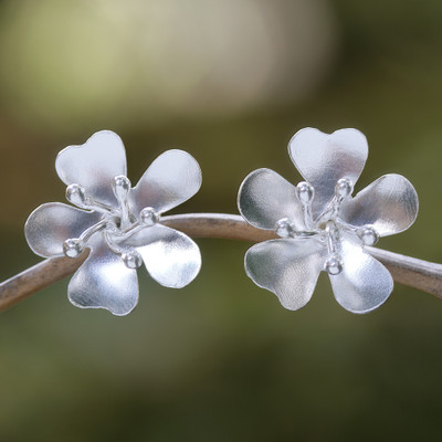 Sterling silver button earrings, 'Luxurious Spring' - Sterling Silver Floral Button Earrings in a Matte Finish