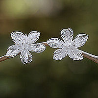 Sterling silver button earrings, 'Snowy Garden' - Sterling Silver Floral Button Earrings Crafted in Bali