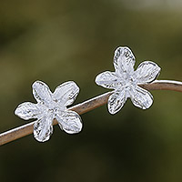 Sterling silver button earrings, 'Winter Lilies' - Sterling Silver Lily Button Earrings Crafted in Bali