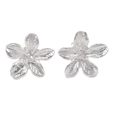 Sterling silver button earrings, 'Winter Lilies' - Sterling Silver Lily Button Earrings Crafted in Bali