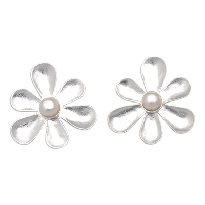 Aretes colgantes de perlas cultivadas - Aretes colgantes florales de plata esterlina y perlas cultivadas