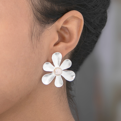 Cultured pearl drop earrings, 'Innocence Blooms' - Sterling Silver and Cultured Pearl Floral Drop Earrings