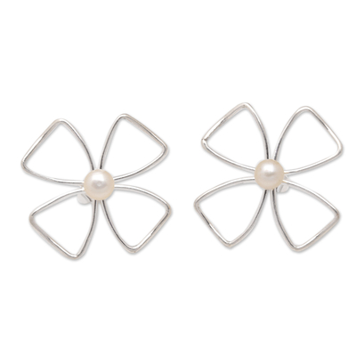 Cultured pearl button earrings, 'Silhouettes of Perfection' - Geometric Sterling Silver Button Earrings with White Pearls