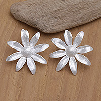 Sterling silver drop earrings, 'Snowflake Asters' - Sterling Silver Floral Drop Earrings with Brush-Satin Finish