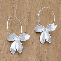 Sterling silver hoop earrings, 'Frosted Petals' - 925 Silver Floral Hoop Earrings with A Brushed-Satin Finish