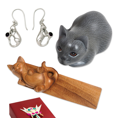 Women's curated gift box, 'Purrfect Love' - Cat-Themed Curated Gift Box with 3 Items from Indonesia