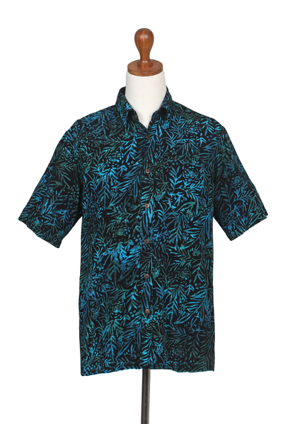 Men's batik rayon shirt, 'Night Jungle' - Men's Rayon Shirt with Leafy Batik Print in Green and Blue