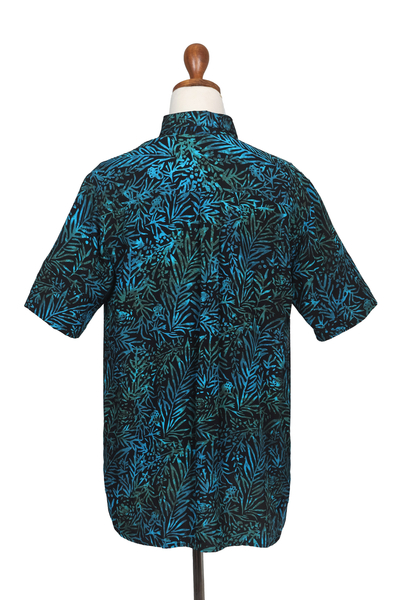 Herrenhemd aus Batik-Rayon - Herren-Viskosehemd mit Blatt-Batik-Print in Grün und Blau