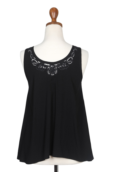Embroidered sleeveless top, 'Night Bouquet of Flowers' - Hand-Embroidered Black Sleeveless Rayon Top from Bali