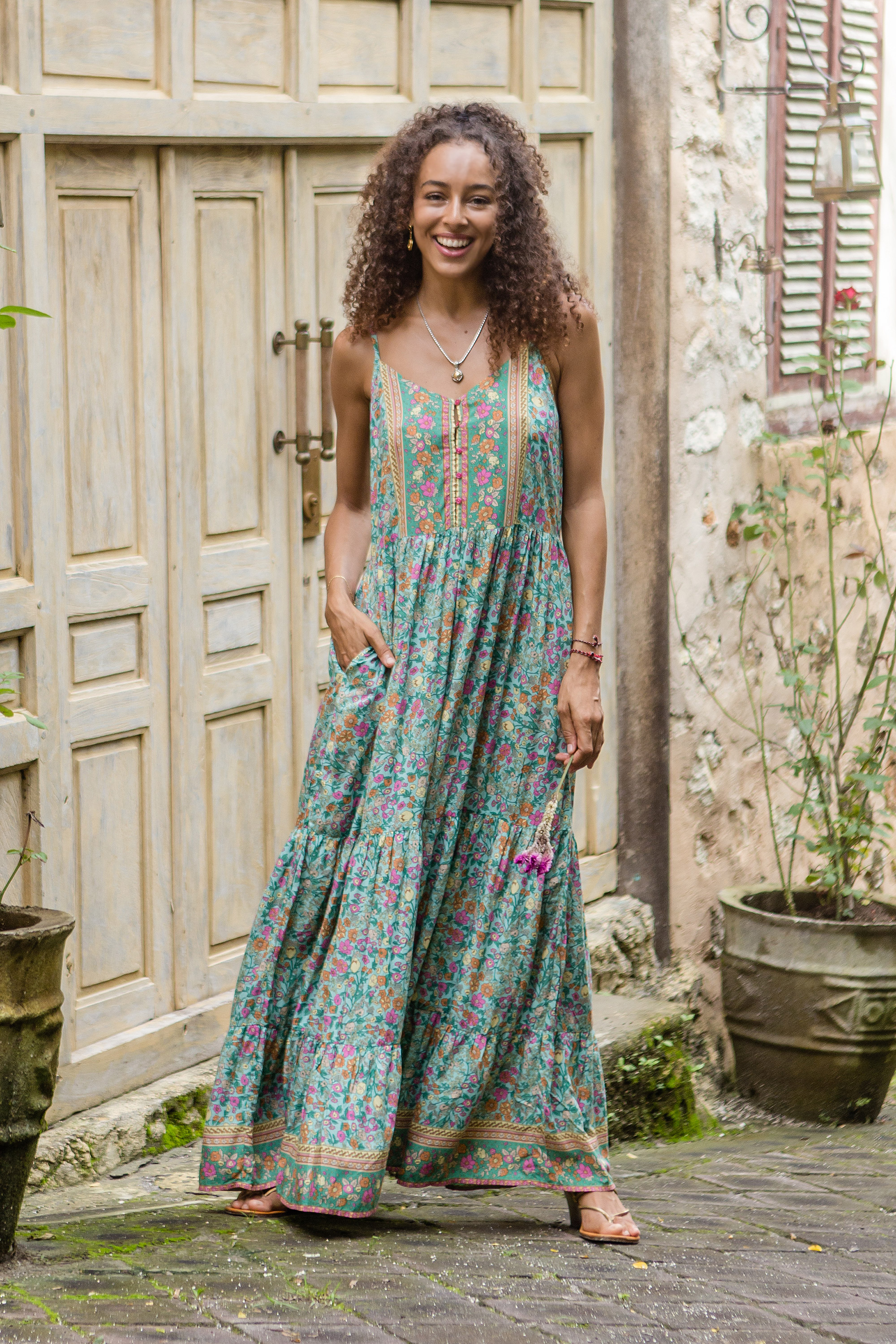 Rayon embroidered flared maxi dress by Vritta | The Secret Label