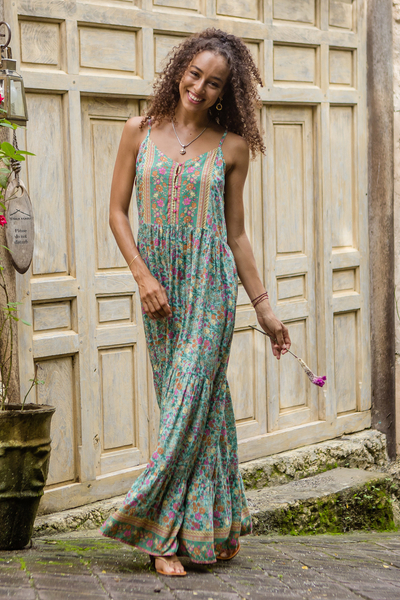 vestido largo de rayón batik - Vestido largo de rayón batik con estampado floral menta hecho en Bali
