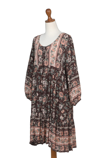 Rayon batik tunic dress, 'Chocolate Spring' - Rayon Batik Tunic Dress with Chocolate Floral Pattern