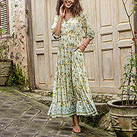 Vestido largo de batik de rayón, 'Spring Blossom' - Vestido largo de batik de rayón con estampado floral elaborado en Bali