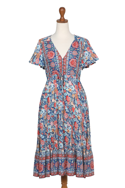 Rayon Batik Sundress with Blue Floral Pattern Made in Bali - Flower ...