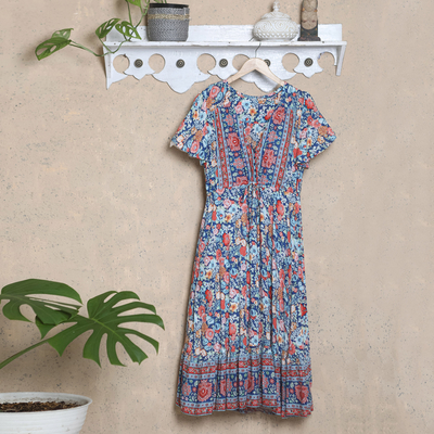 Rayon Batik Maxi Dress with Mint Floral Pattern Made in Bali - Mint Garden