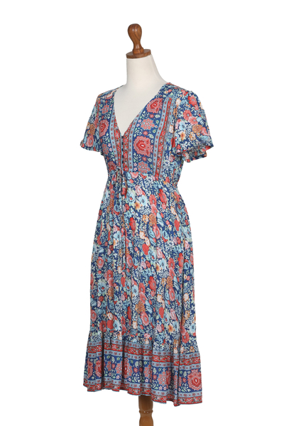 Rayon-Batik-Sommerkleid - Rayon-Batik-Sommerkleid mit blauem Blumenmuster, hergestellt in Bali