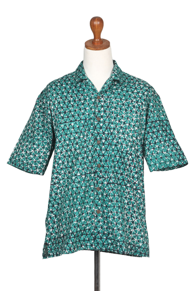 Camisa de hombre de algodón batik - Camisa de algodón batik geométrico en tonos verdes y negros