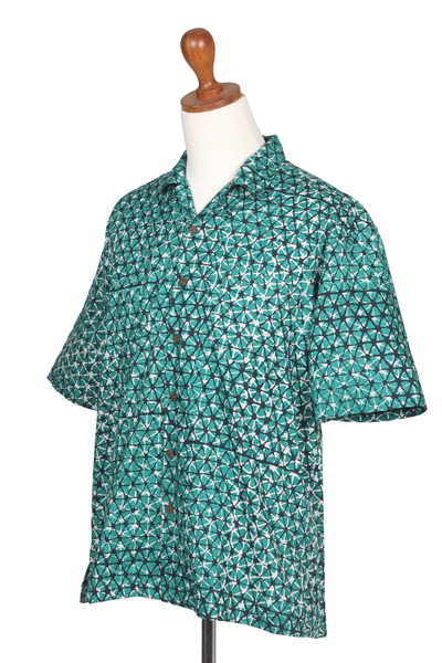 Herrenhemd aus Batik-Baumwolle - Geometrisches Batik-Baumwollhemd in Grün- und Schwarztönen