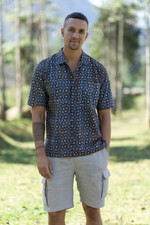 Men's batik cotton shirt, 'Blue Gallant' - Men's Geometric Batik Cotton Shirt in Blue and Brown Hues