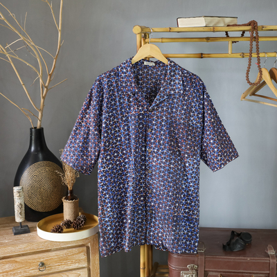 Camisa de hombre de algodón batik - Camisa de hombre de algodón batik geométrico en tonos azules y marrones