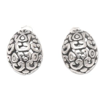 Sterling silver button earrings, 'Bali Protection' - Sterling Silver Button Earrings with Traditional Patterns