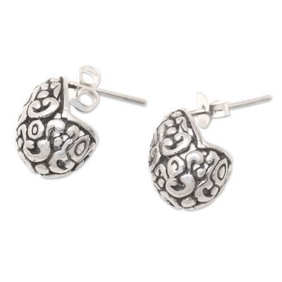 Sterling silver button earrings, 'Bali Protection' - Sterling Silver Button Earrings with Traditional Patterns