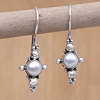 Cultured pearl drop earrings, 'Solemn Crosses' - Sterling Silver Cross Drop Earrings with Cultured Pearls