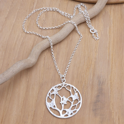 Sterling silver pendant necklace, 'Harmonious Hope' - Sterling Silver Round Pendant Necklace with Butterfly Motifs