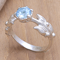 Blue topaz solitaire ring, 'Loyal Tulip' - Sterling Silver Floral Solitaire Ring and 1-Carat Blue Topaz